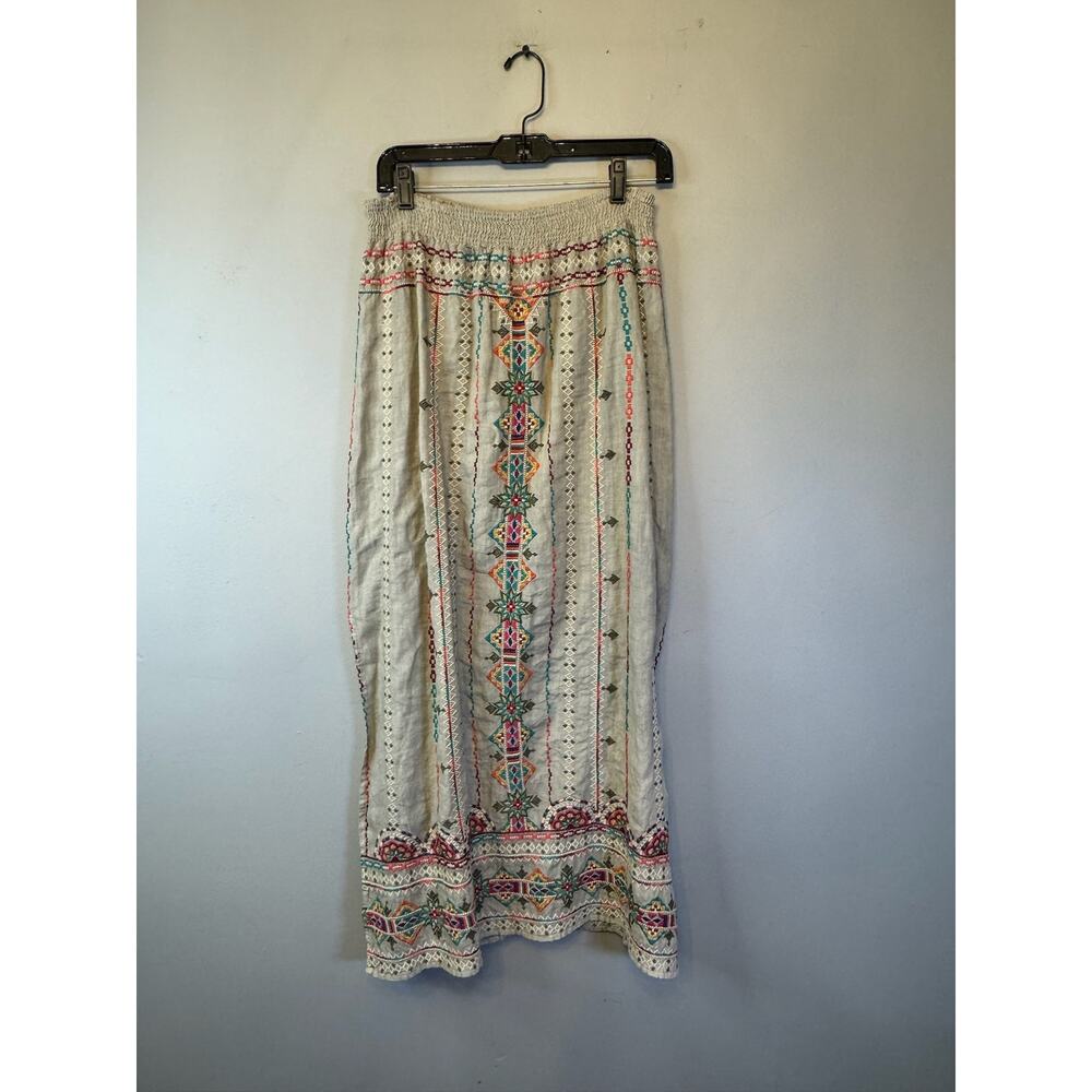 Johnny Was Verena White Side Slit Embroidered Linen Maxi Boho Skirt Large $320